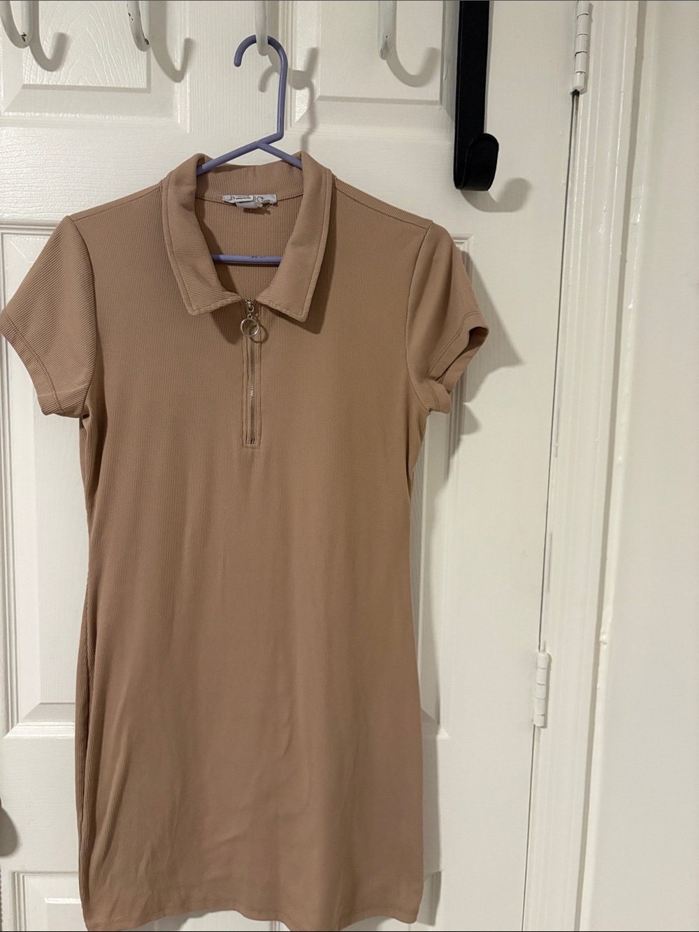 Short Zip-Front Polo Dress in Beige